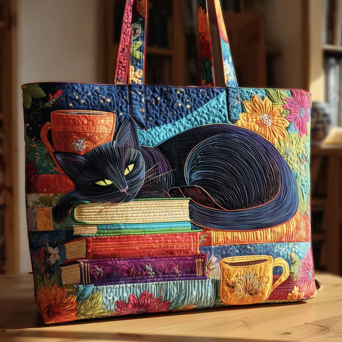 Black Cat with Books and Mugs Handmade Quilted Tote Bag