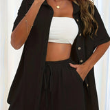 Aileen - Stylish polo button blouse and short set