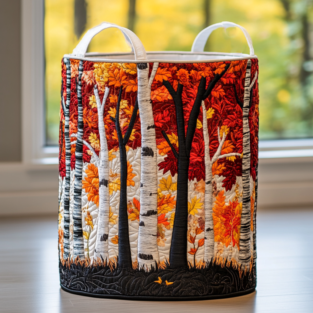 Quilted storage basket with autumn grove design featuring birch trees and red and orange foliage