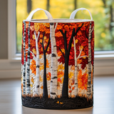 Quilted storage basket with autumn grove design featuring birch trees and red and orange foliage