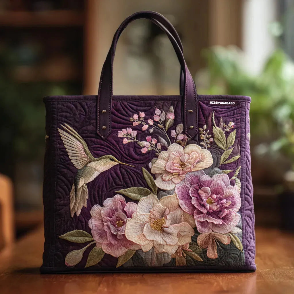 Purple Hummingbird and Orchid Handmade Quilted Tote Bag