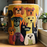 Quilted storage basket decorated with colorful dogs among forest trees