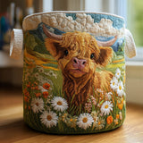 Quilted storage basket featuring a Highland cow surrounded by wildflowers