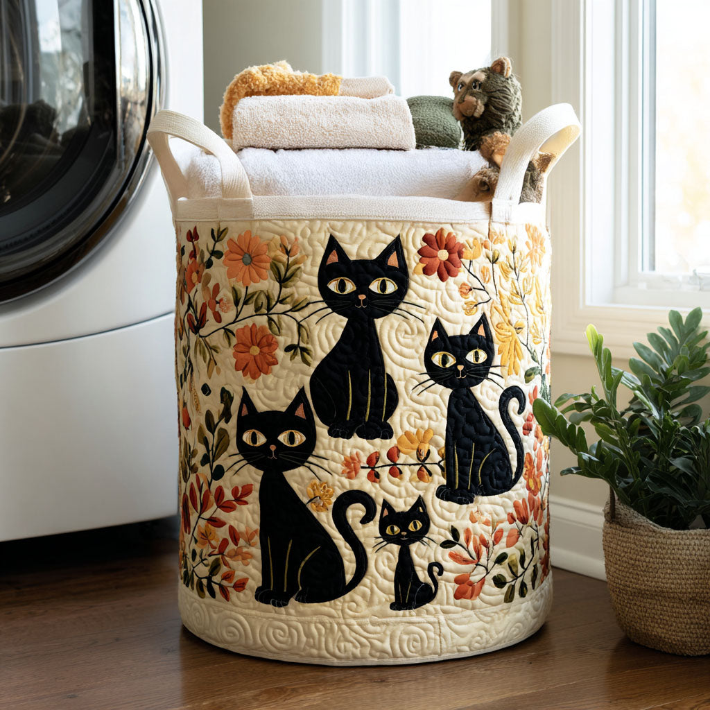 Quilted storage basket with black cats and flowers design, filled with towels next to a washing machine