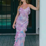 Women's Summer Evening Dress | Ruffle, Floral Mesh