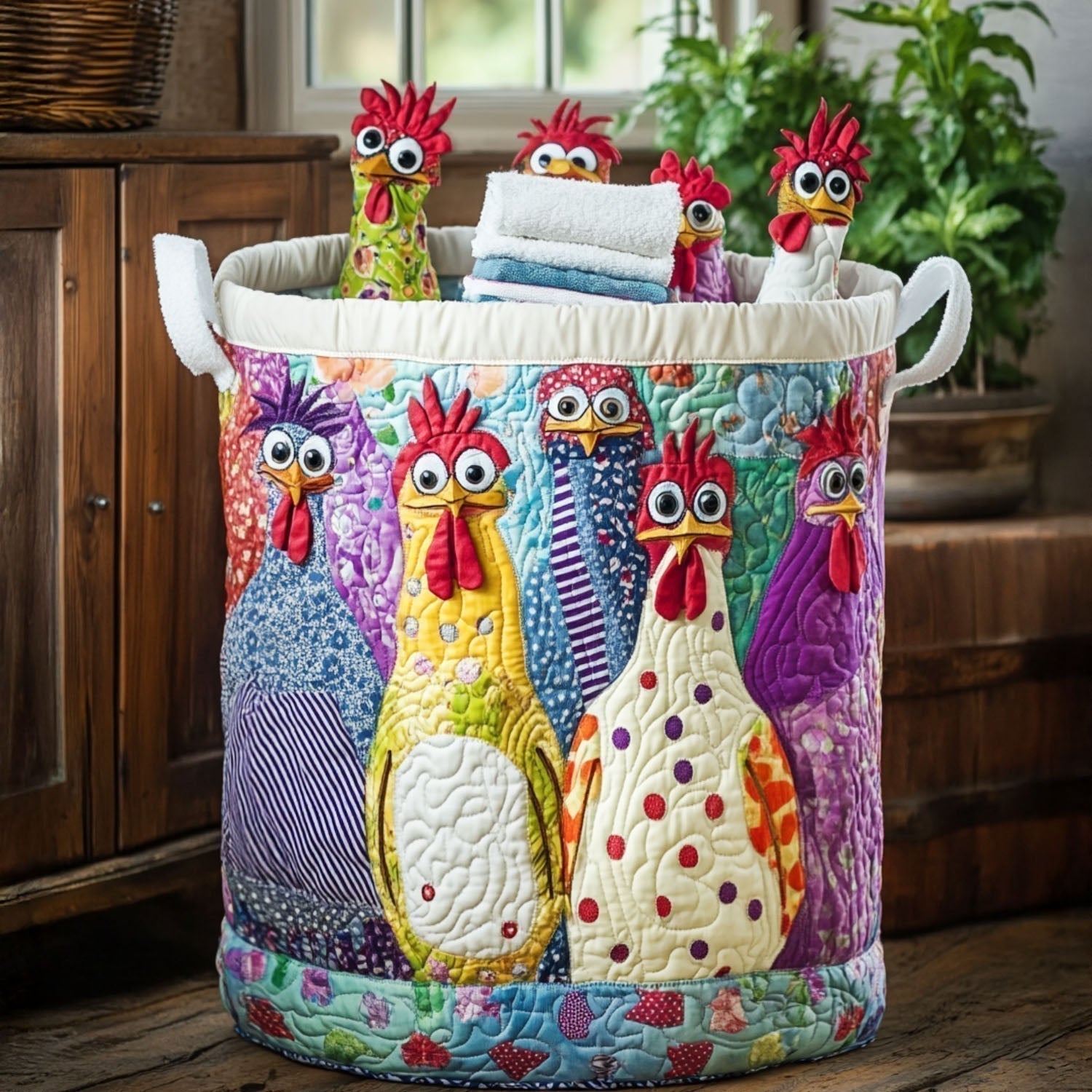 Quilted storage basket decorated with colorful whimsical hens, holding folded towels