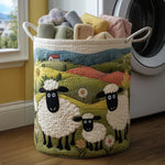 Quilted storage basket with cuddled sheep artwork