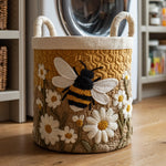 Quilted storage basket with embroidered bee and daisies design