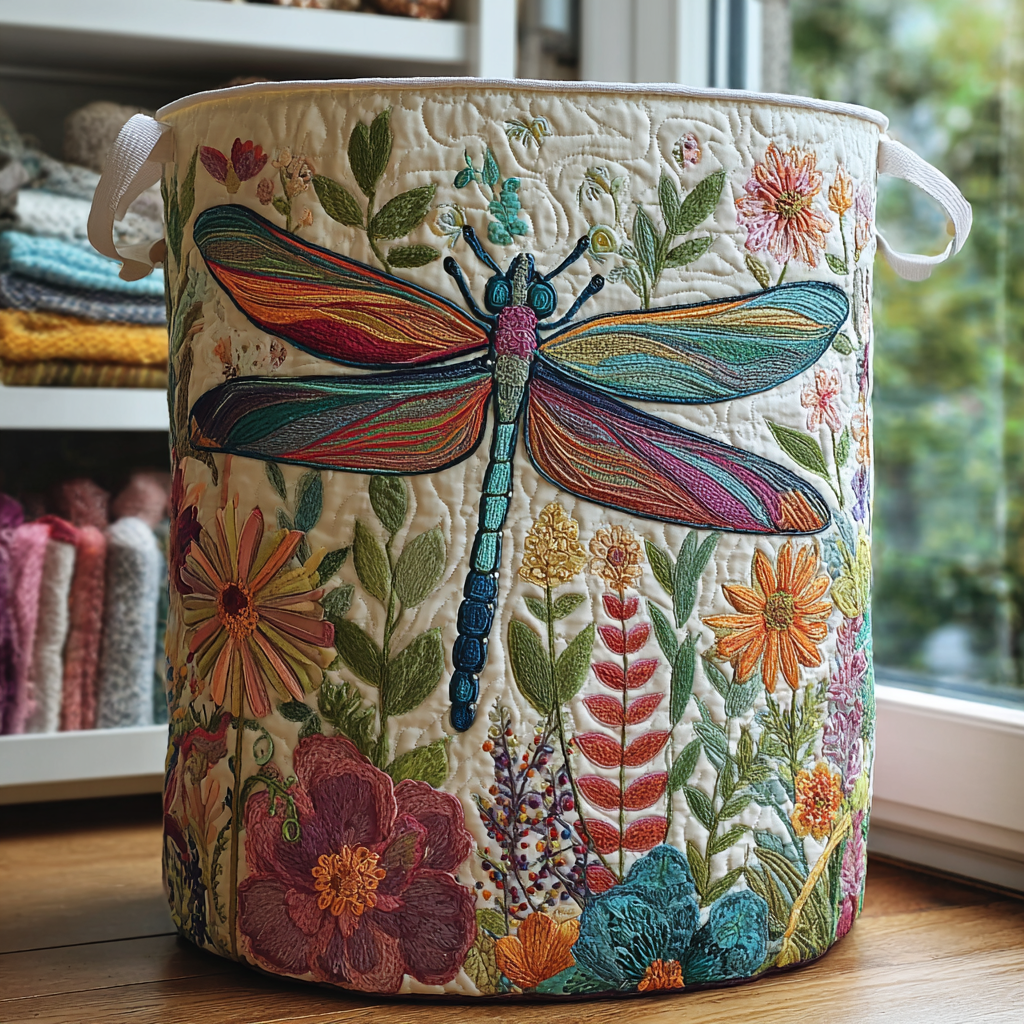 Quilted storage basket with embroidered dragonfly and garden flowers design