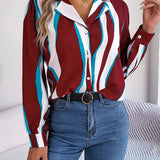 Quinivere - Elegant striped long-sleeve button-up blouse with wave pattern
