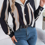 Quinivere - Elegant striped long-sleeve button-up blouse with wave pattern