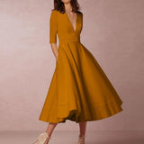 Women's Elegant A-Line Dress | Midi, Deep V-Neck