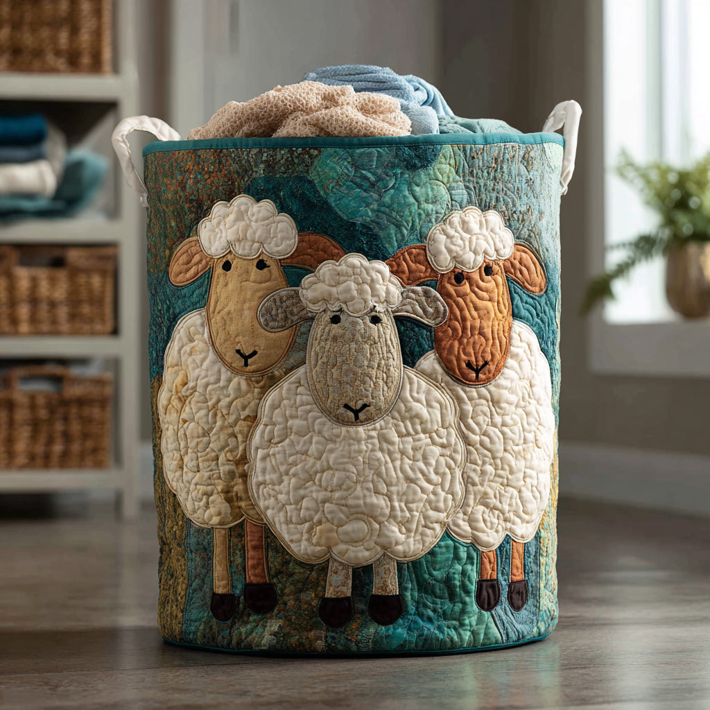 Quilted storage basket with fluffy sheep flock artwork