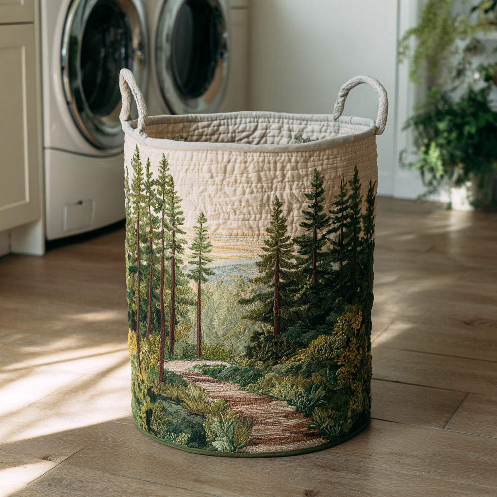 Quilted storage basket with embroidered forest path scene of evergreen trees