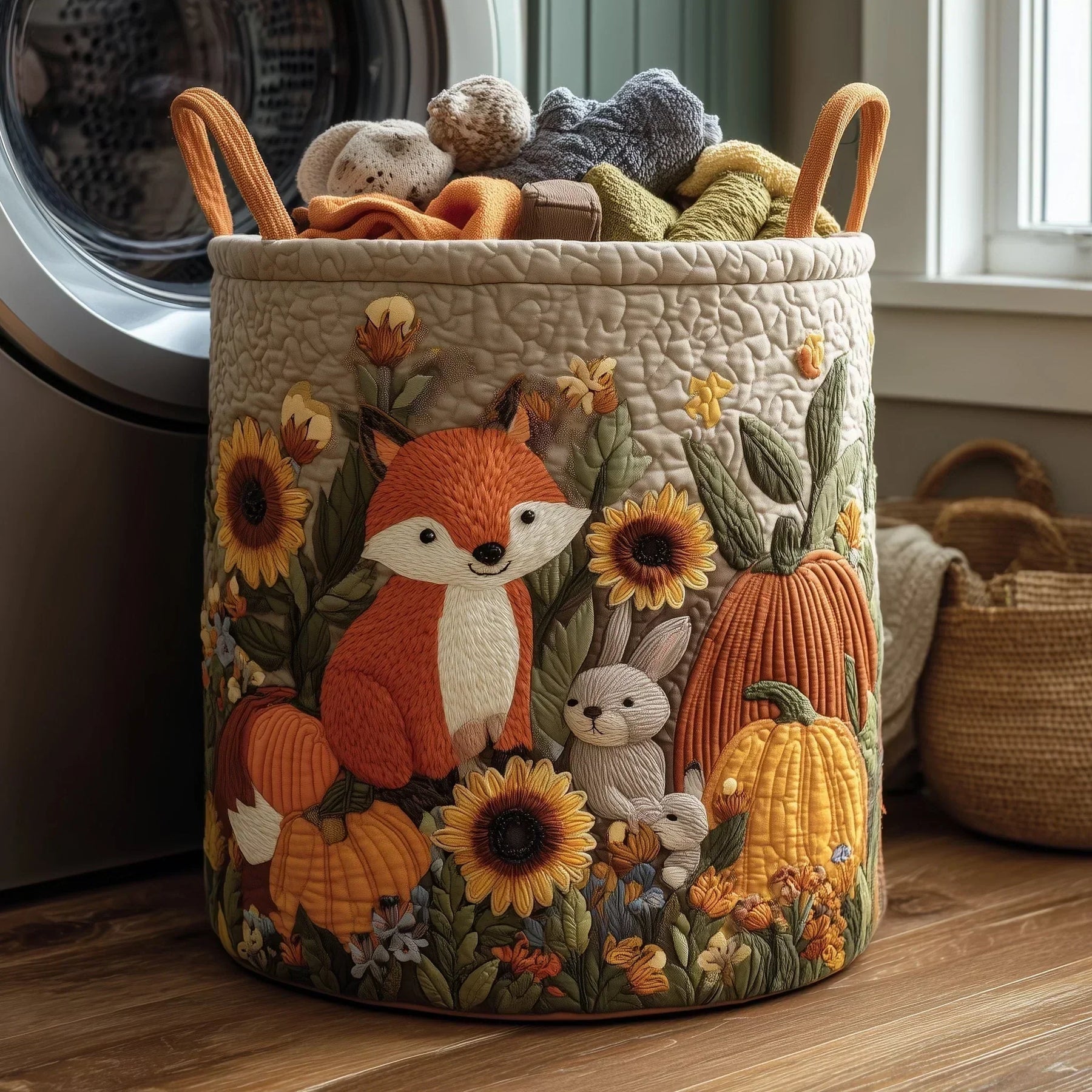 Quilted storage basket with autumn fox and pumpkins artwork