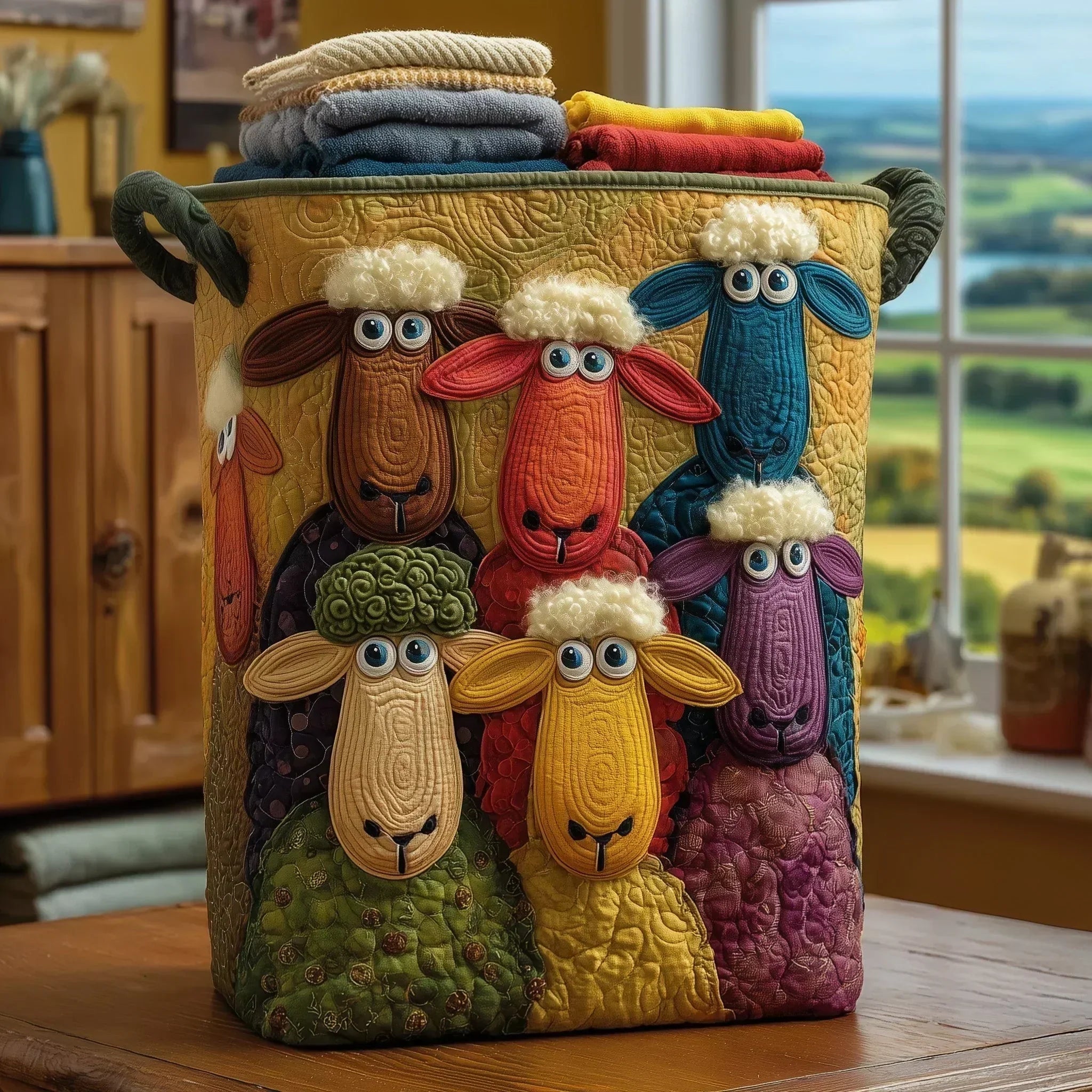 Quilted storage basket with colourful hillside sheep artwork