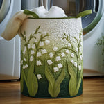 Quilted storage basket with lily of the valley design in green and white