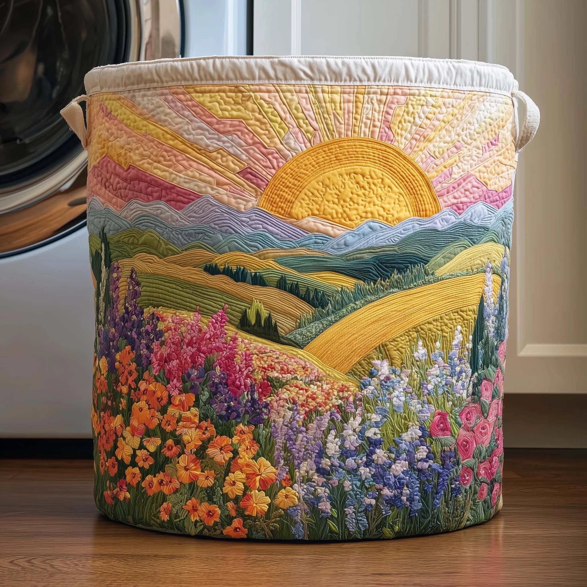 Quilted storage basket with golden sunrise artwork