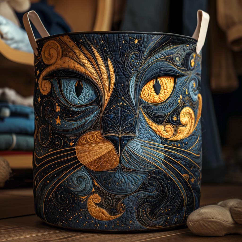 Quilted storage basket with a cat design under a starry night sky in navy and gold