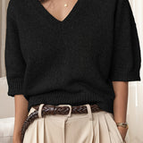 Leonora - Relaxed Fit V-Neck Knit Sweater with Half Sleeves