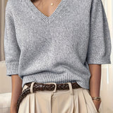 Leonora - Relaxed Fit V-Neck Knit Sweater with Half Sleeves