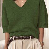 Leonora - Relaxed Fit V-Neck Knit Sweater with Half Sleeves