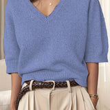 Leonora - Relaxed Fit V-Neck Knit Sweater with Half Sleeves