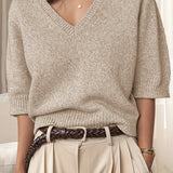 Leonora - Relaxed Fit V-Neck Knit Sweater with Half Sleeves