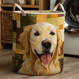 Quilted storage basket with a smiling Golden Retriever design on a patchwork background