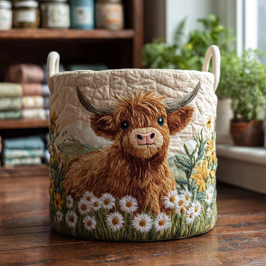 Quilted storage basket with Highland cow among flowers artwork