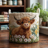 Quilted storage basket with Highland cow among flowers artwork