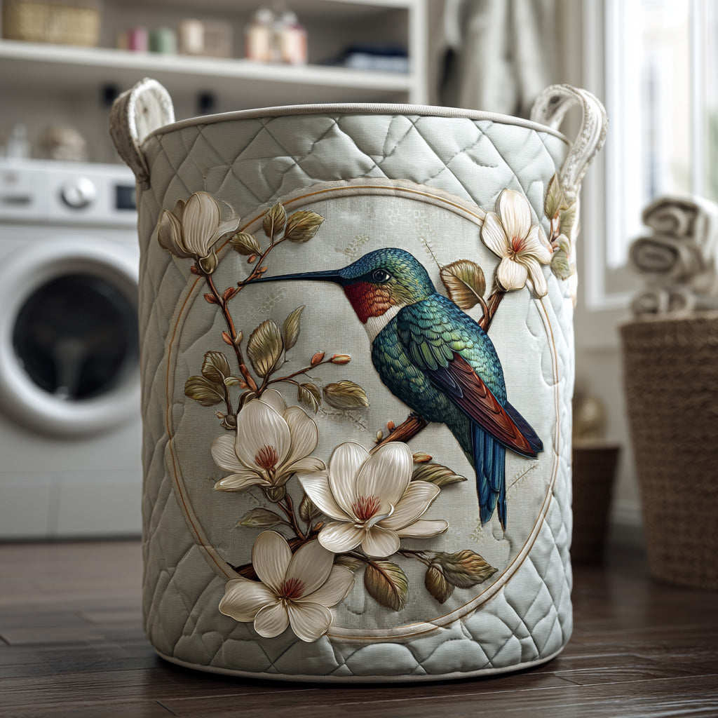 Quilted storage basket with hummingbird and floral lace artwork