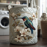 Quilted storage basket with hummingbird and floral lace artwork