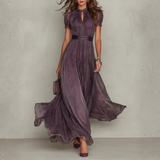 Flavia | Long Purple Dress Keyhole Neckline Chiffon Lace Trim