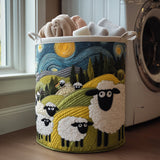 Quilted storage basket decorated with lambs in a meadow under a starry sky design