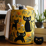 Mustard yellow quilted storage basket with black cat and botanical illustrations
