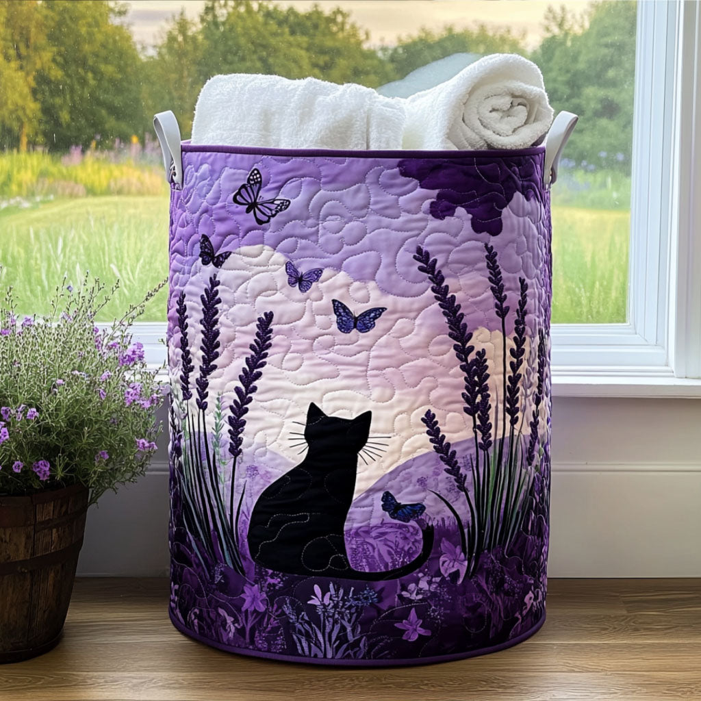 Quilted storage basket with a black cat silhouette in a moonlit lavender meadow with butterflies