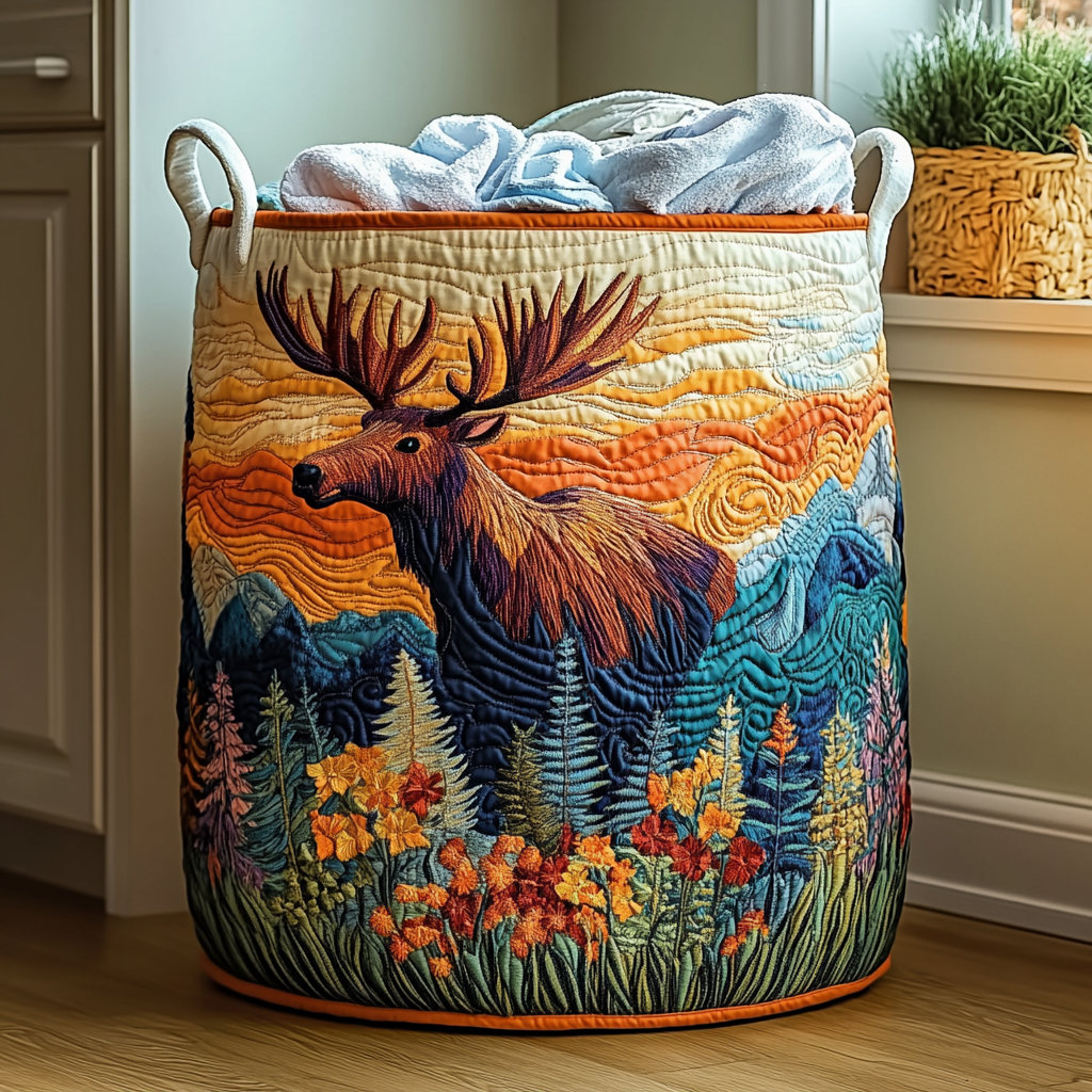 Quilted storage basket with moose artwork