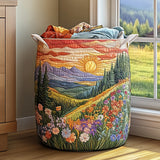 Quilted storage basket with a sunrise over mountains, pine trees and wildflowers design