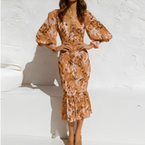 Esme - Elegant floral long sleeve ruffle long dress