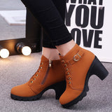 Katni™ - Chic Lace-Up Metal Buckle Chunky Ankle Boots