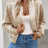 Sandra - Cozy ribbed trims zipper bomber jacket