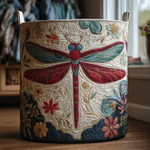 Quilted storage basket with dragonfly design in red and teal on cream fabric