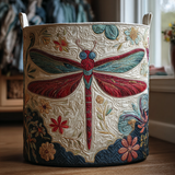 Quilted storage basket with dragonfly design in red and teal on cream fabric