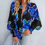 Lauryn - Elegant lantern-sleeve printed polo blouse