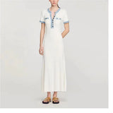Women's Knit Maxi Dress | Short Sleeve, Denim Trim
