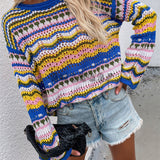 Zaynah - Trendy Colorful Striped Knit Sweatshirt with Hollow Out Design