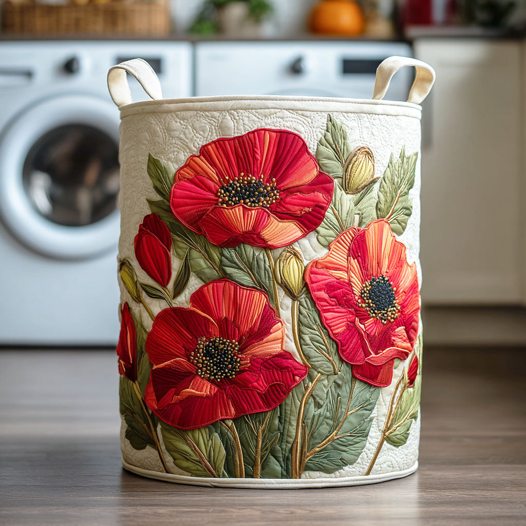 Quilted storage basket decorated with red poppies and green leaves