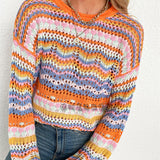 Zaynah - Trendy Colorful Striped Knit Sweatshirt with Hollow Out Design