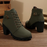 Katni™ - Chic Lace-Up Metal Buckle Chunky Ankle Boots